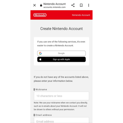 Nintendo　Create Nintendo Accountページ画面画像。